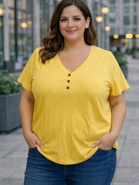 Women's Yellow V-Neck Henley Short Sleeve Tee